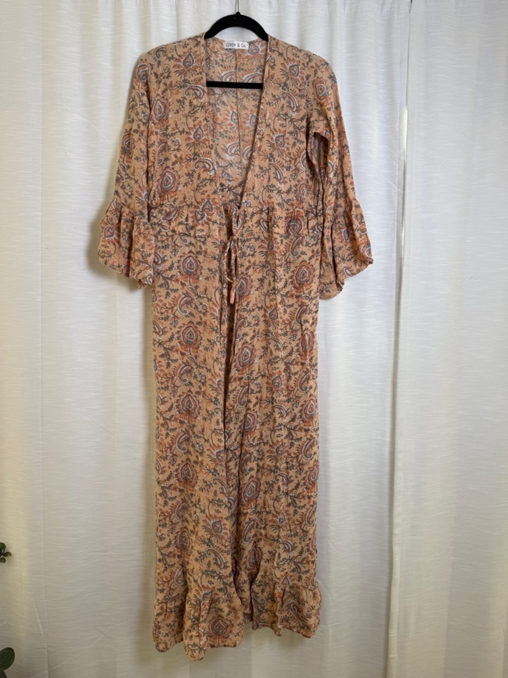 Coven & Co Boho Paisley Maxi Dress Tan Rust Flowy Ruffle Hem Cottagecore Size S - Picture 4 of 16